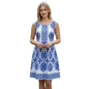 Talbots Womens Dress Blue White Tile‎ Print Fit Flare Square Neck Size 4